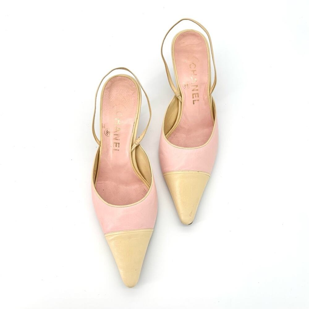 Vintage Chanel Pastel Pink Cap Toe Slingback Kitten Heel Pointed Toe Pumps 36 - Picture 2 of 7